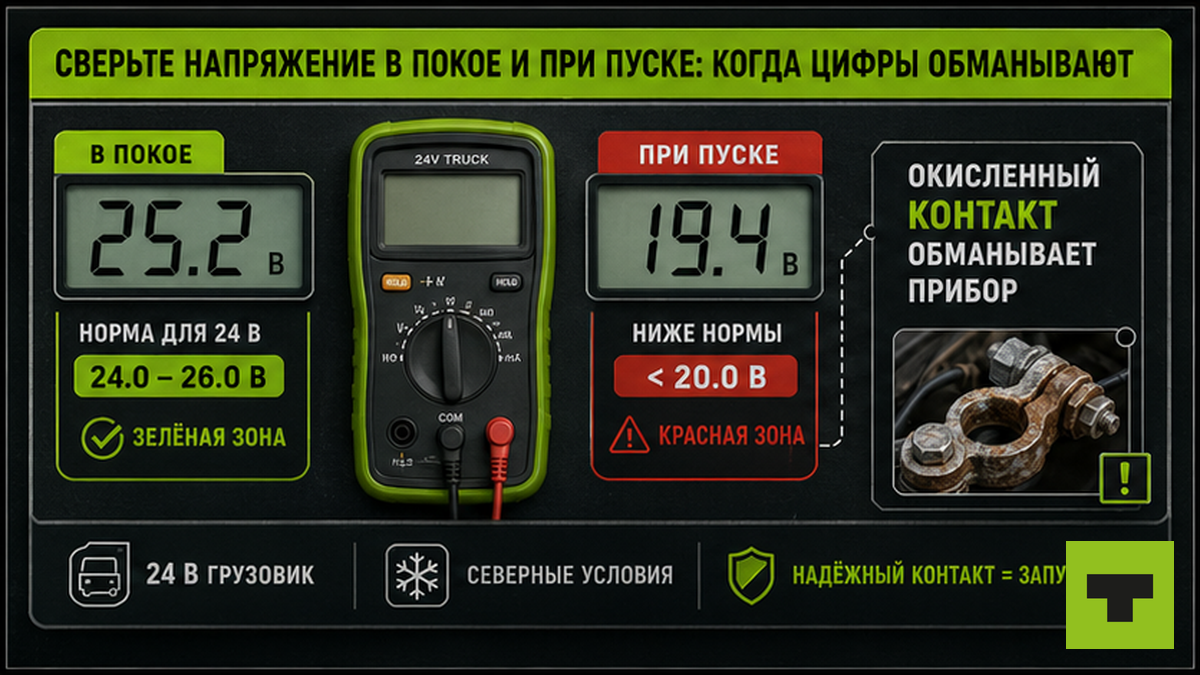 Инфографика: напряжение АКБ в покое 25 В и просадка ниже 20 В при пуске на 24 В грузовике