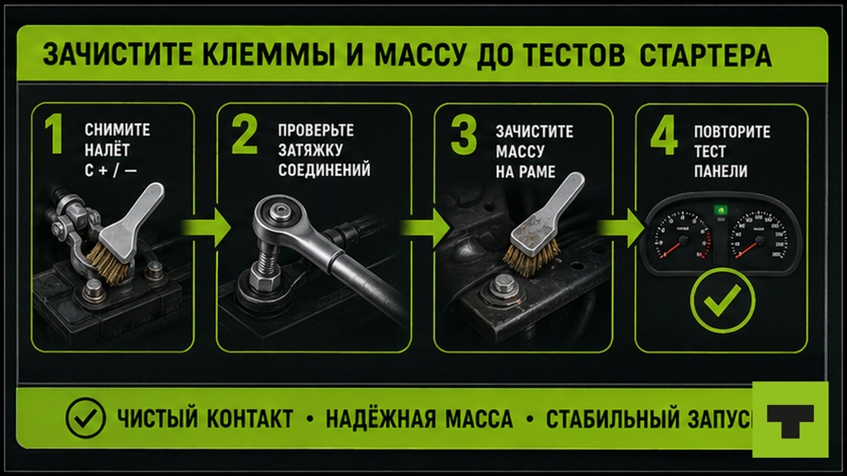 Схема: зачистка клемм и массы перед тестами стартера — 4 шага