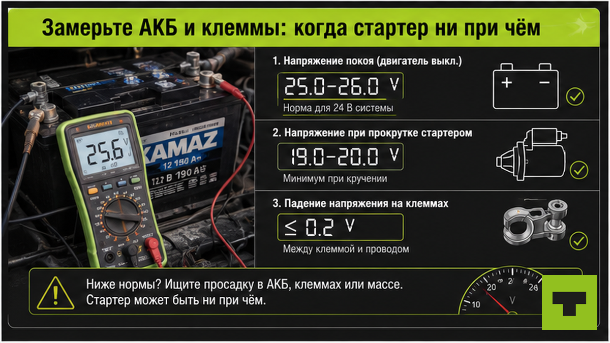 Схема замера АКБ мультиметром: нормы 24 В системы при пуске зимой