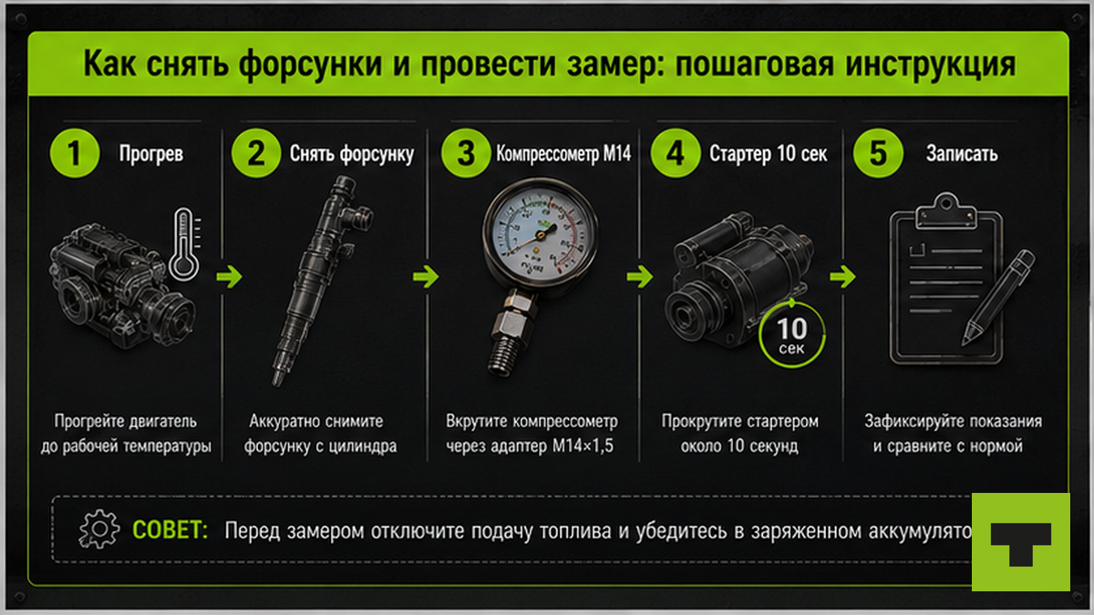 Схема шагов замера компрессии КАМАЗ: снять форсунку, компрессометр, прокрутить стартером