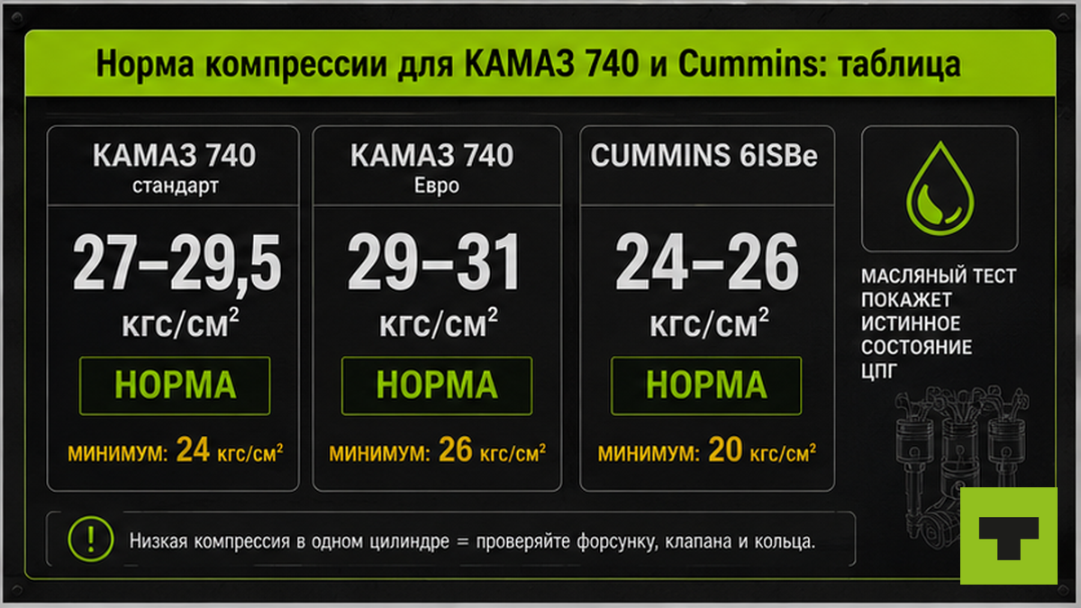 Инфографика норм компрессии КАМАЗ 740, КАМАЗ Евро и Cummins