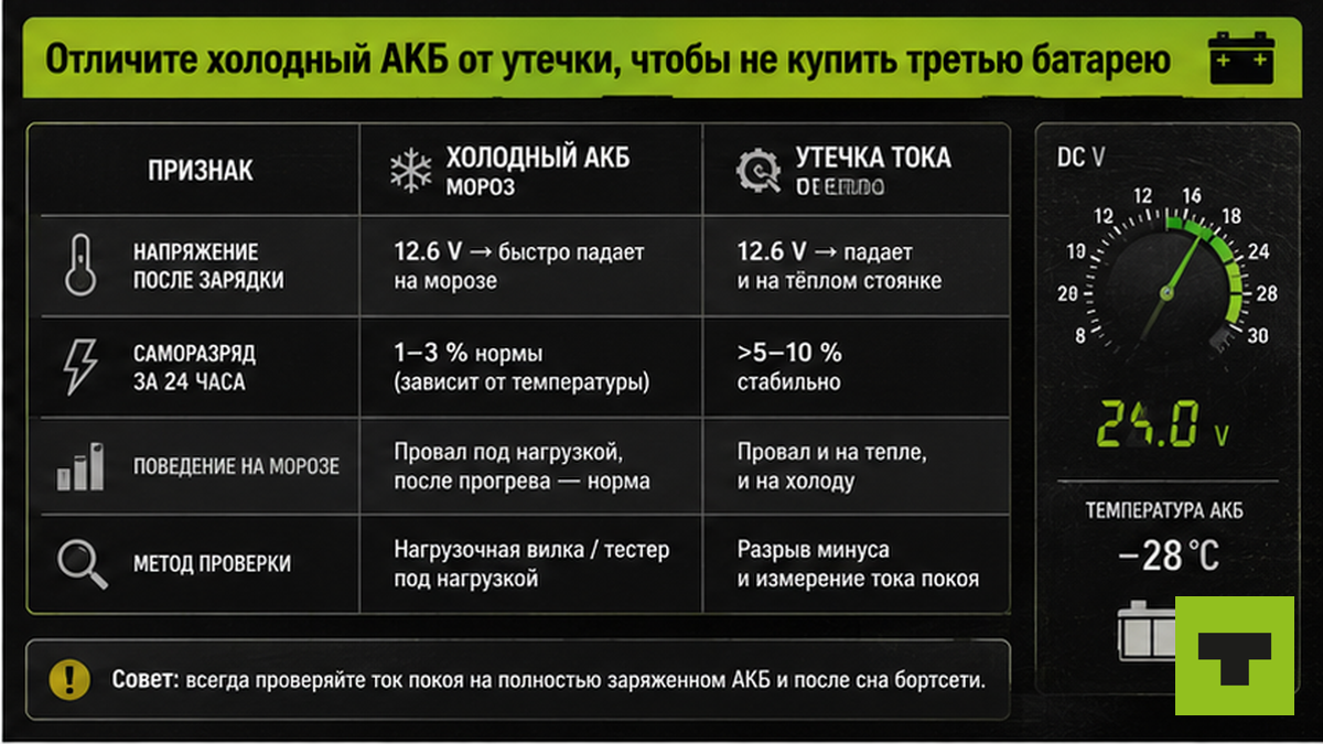 Таблица: отличить холодный или изношенный АКБ от паразитной утечки тока на грузовике