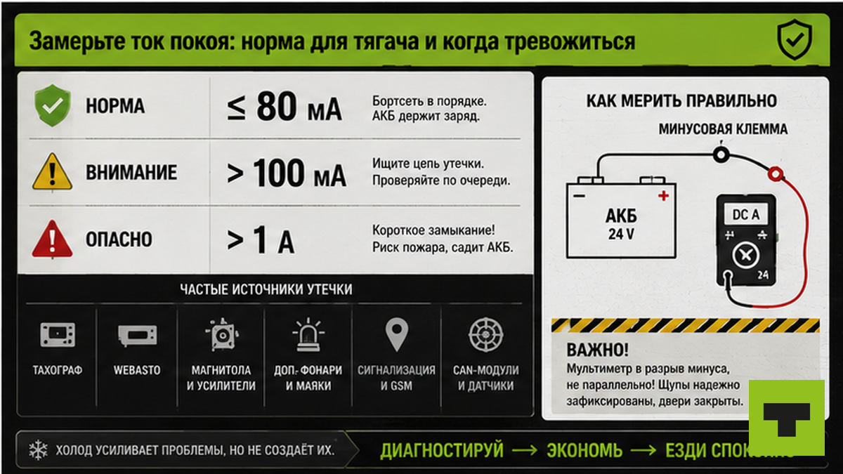 Чеклист нормы тока покоя на тягаче: когда ≤80 мА норма, когда тревожиться