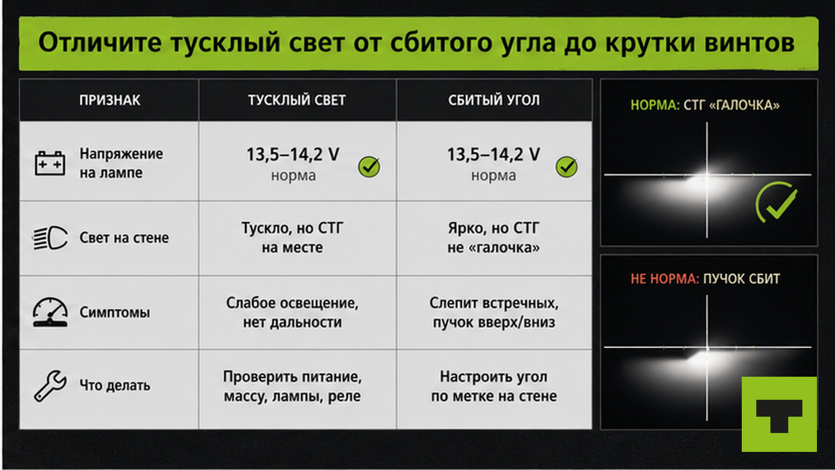Таблица: тусклый свет грузовика — просадка напряжения; сбитый угол — СТГ выше линии H