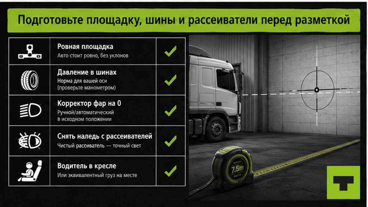 Чек-лист подготовки площадки и рассеивателей перед разметкой стены для регулировки фар