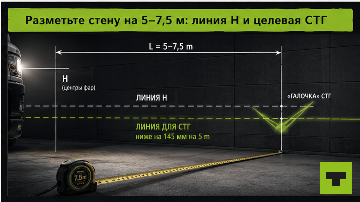 Схема разметки стены: линия H, целевая СТГ на 5–7,5 m для регулировки фар грузовика