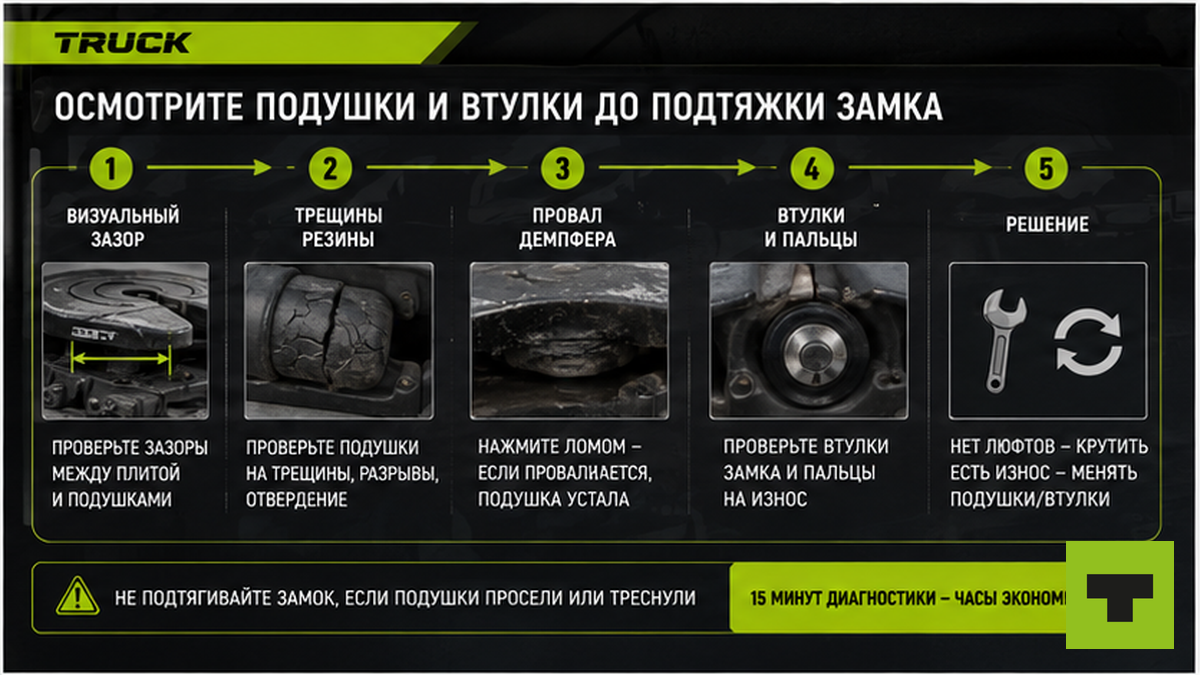 Схема осмотра подушек и втулок седла до подтяжки замка