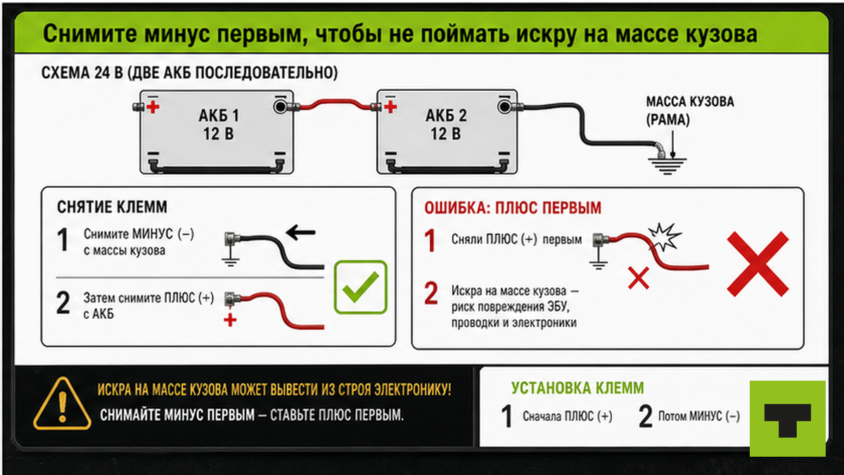 Схема порядка снятия и установки клемм минус-плюс на тягаче