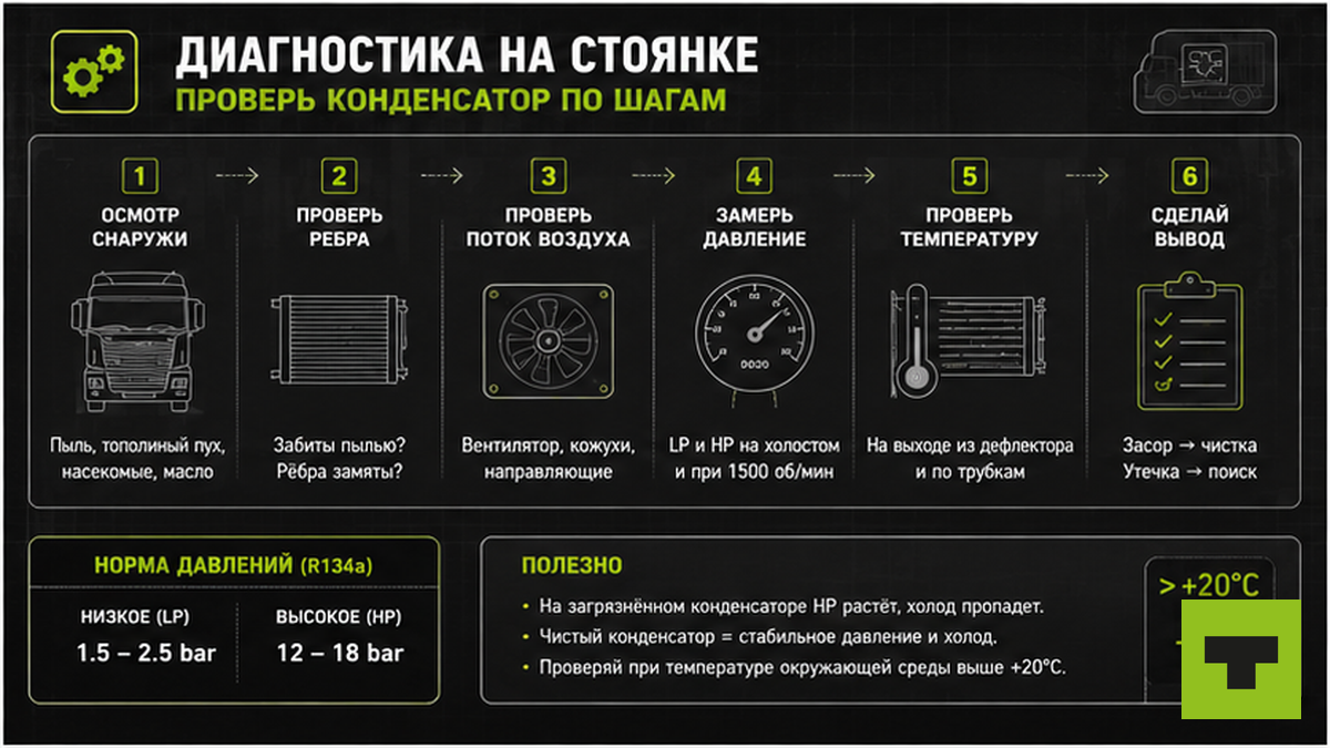 Схема осмотра решётки конденсатора на стоянке без сервиса