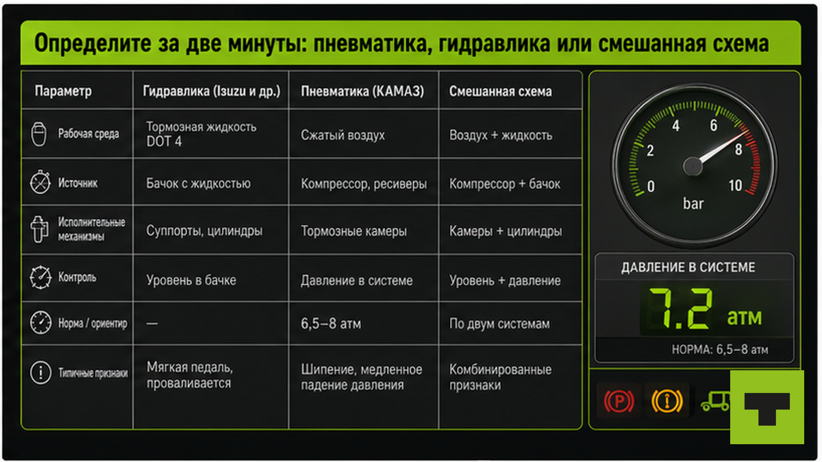 Таблица: пневматика vs гидравлика тормозов грузовика — признаки и прокачка