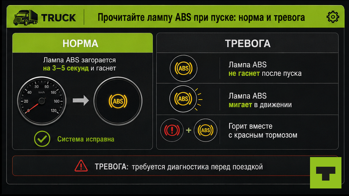 Таблица норма и тревога лампы ABS при пуске грузовика зимой