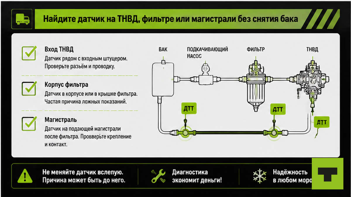 Чеклист трёх мест установки датчика температуры топлива на грузовике