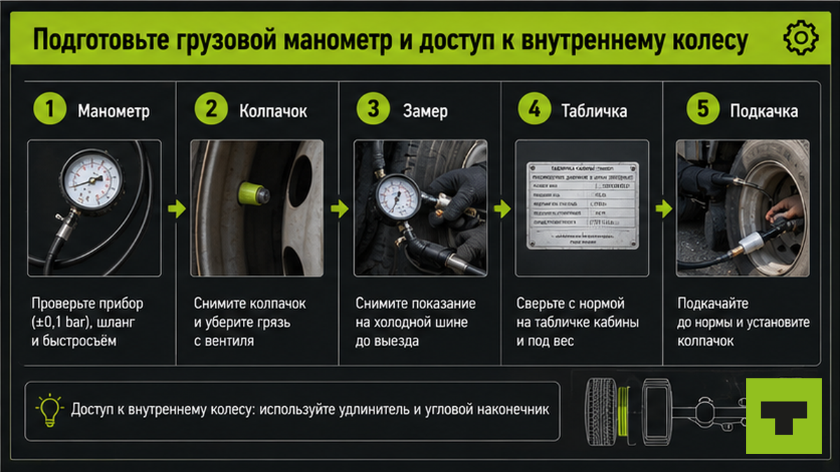Пошаговая проверка давления манометром на всех осях