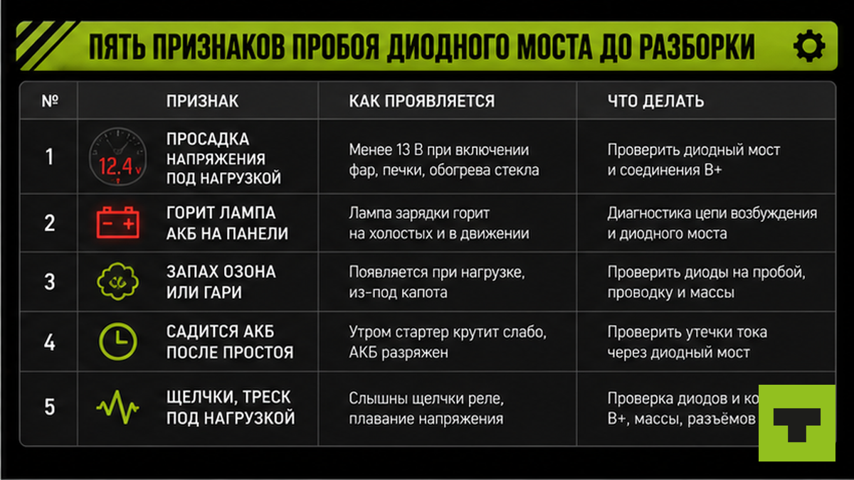 Таблица пяти признаков пробоя диодного моста грузового генератора до разборки