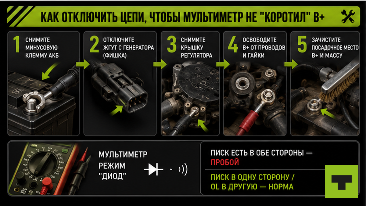 Схема отключения цепей перед прозвонкой диодного моста — чтобы мультиметр не показывал ложный коротыш на B+