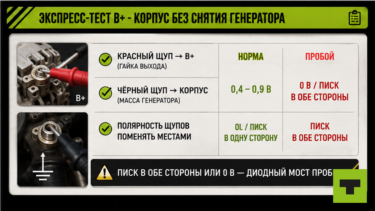 Чеклист экспресс-теста B+ на корпус генератора мультиметром без снятия выпрямителя