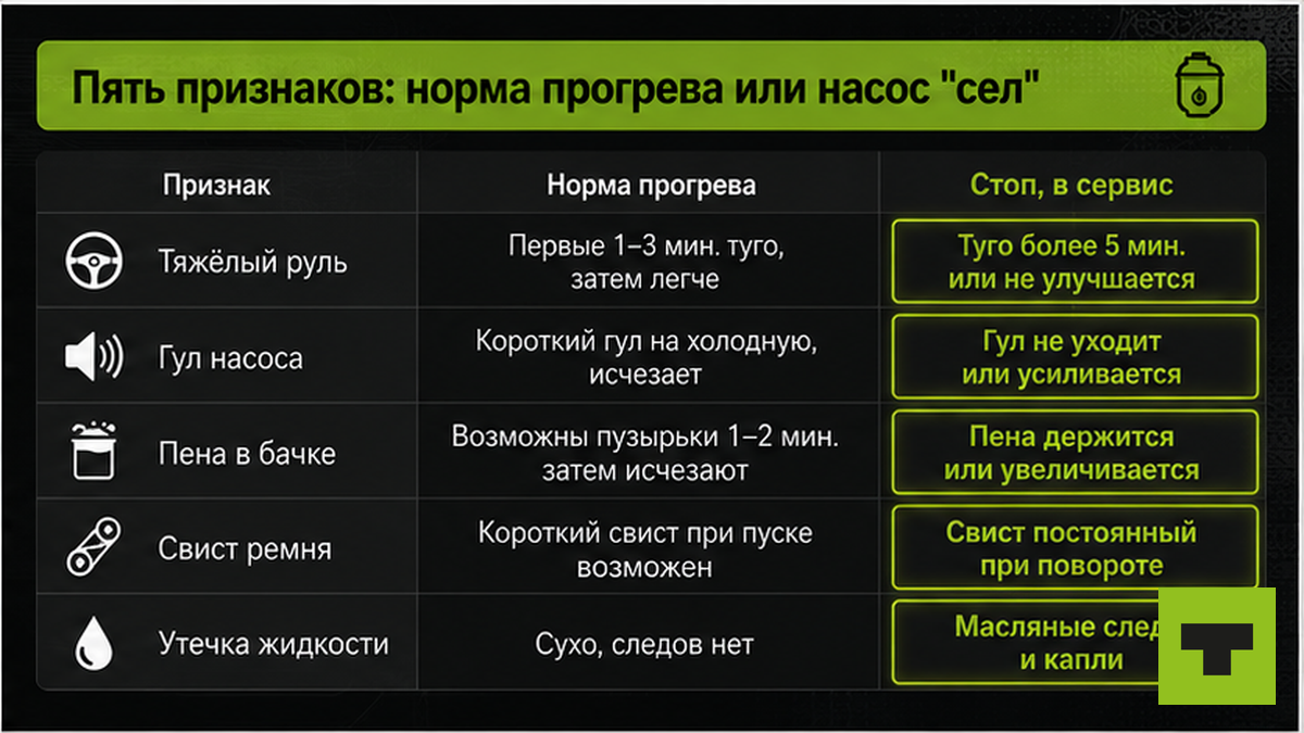 Таблица: пять признаков неисправности ГУР зимой — норма или насос сел