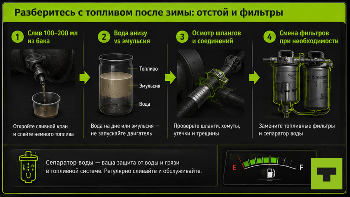 Схема проверки топлива после зимы: отстой, сепаратор, фильтры