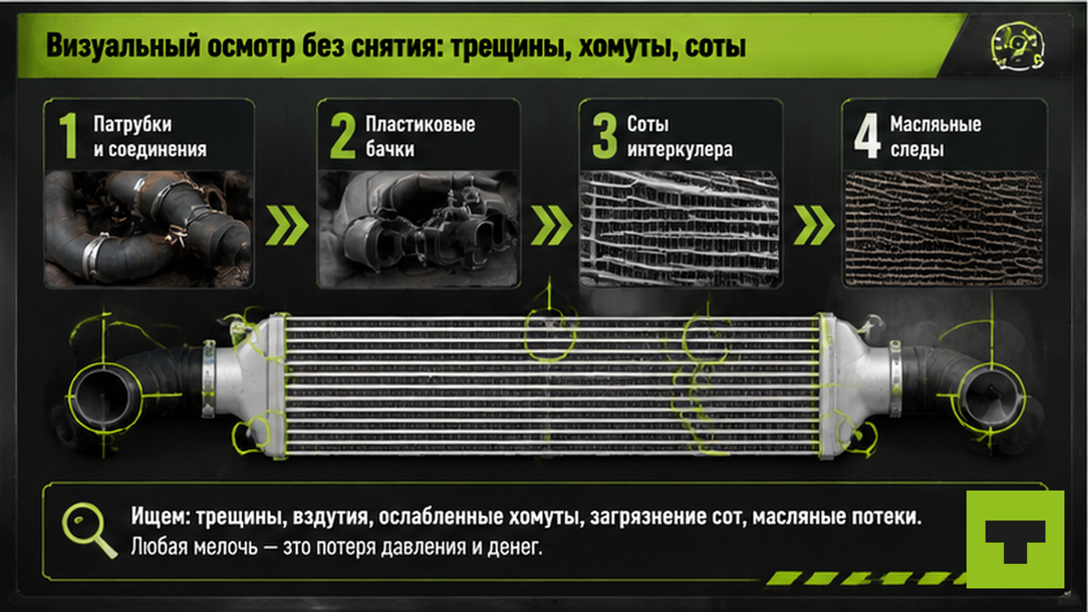 Схема: визуальный осмотр интеркулера без снятия — патрубки, бачки, соты, утечки