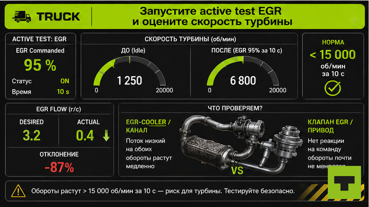 Сравнение active test EGR: скорость турбины до и после открытия клапана до 95%