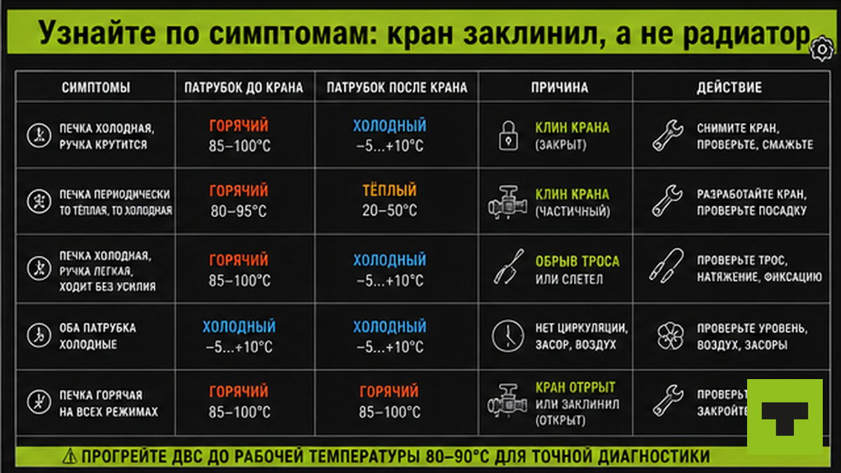 Таблица симптомов крана печки: холодные патрубки, клин в кране, перепуск — что делать