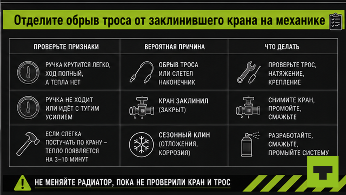 Чеклист: обрыв троса vs заклинивший кран печки на механической приводе