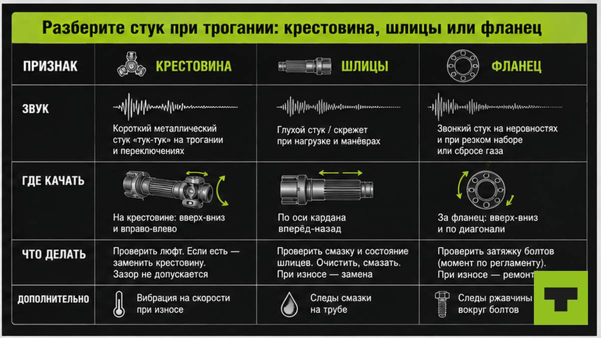 Таблица: как отличить стук крестовины от шлицов и фланца при трогании