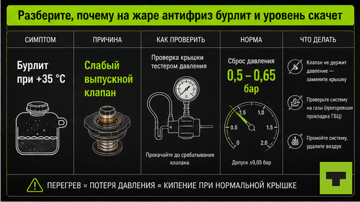 Таблица: почему антифриз бурлит на жаре — выпускной клапан крышки и норма давления