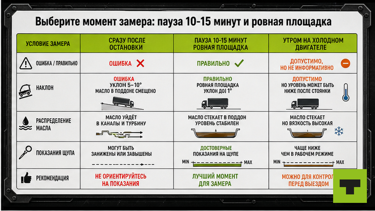 Таблица сравнения моментов замера масла: пауза 10-15 минут и ровная площадка