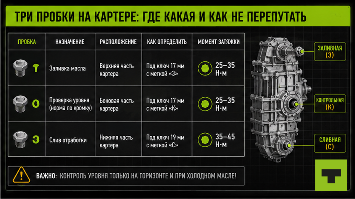 Таблица трёх пробок раздаточной коробки КамАЗ: заливная, контрольная, сливная