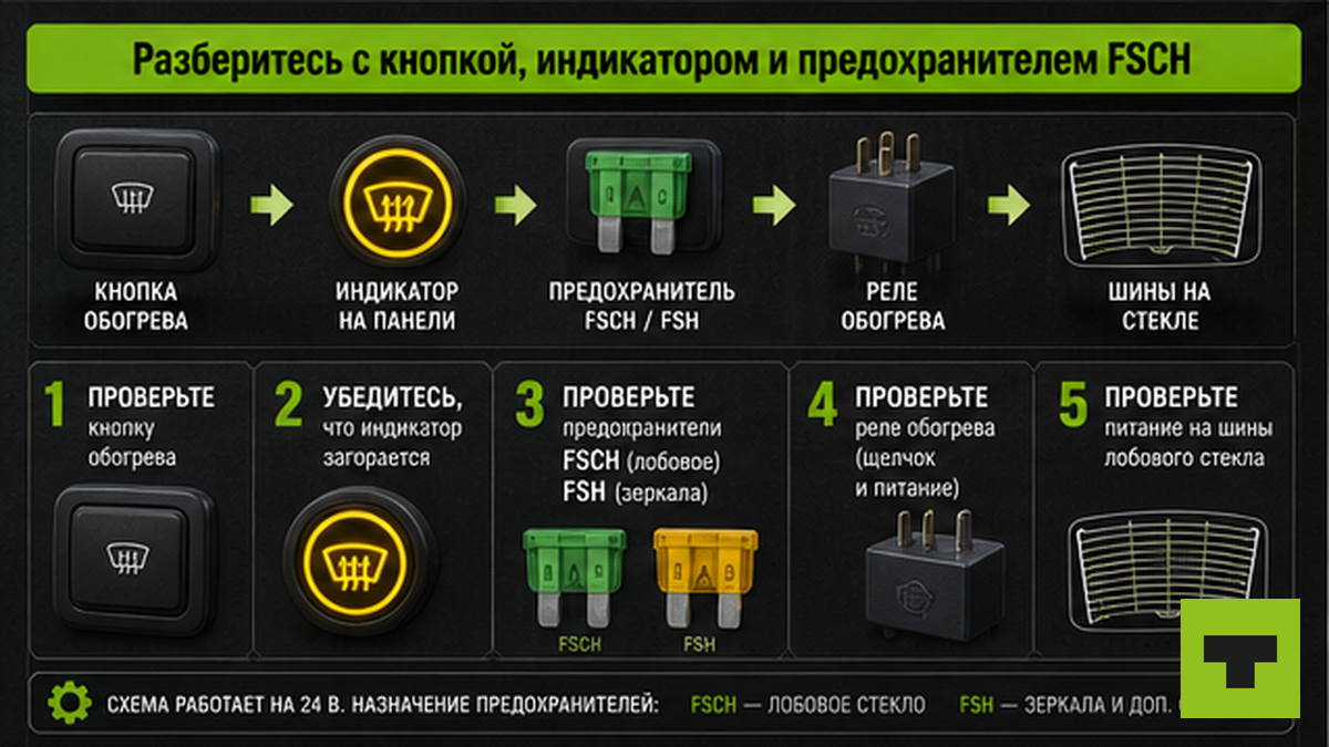 Workflow проверки: кнопка, индикатор, предохранитель FSCH обогрева лобового