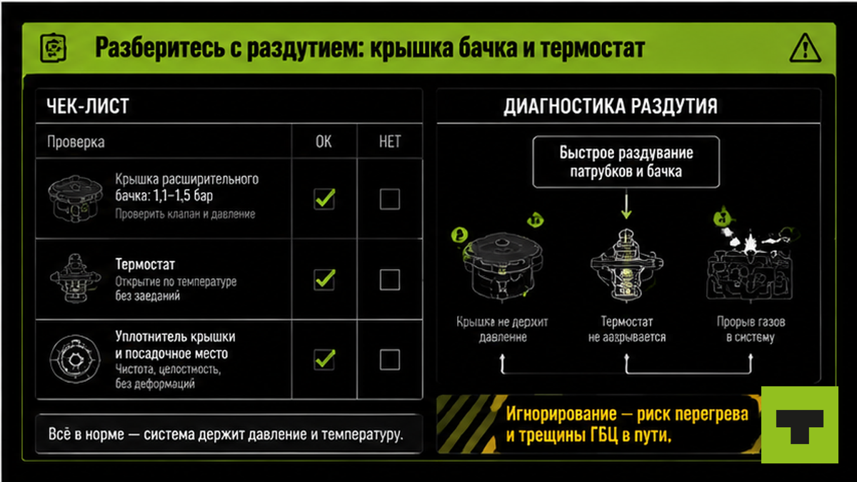 Чеклист диагностики раздутия патрубка: крышка расширительного бачка и термостат