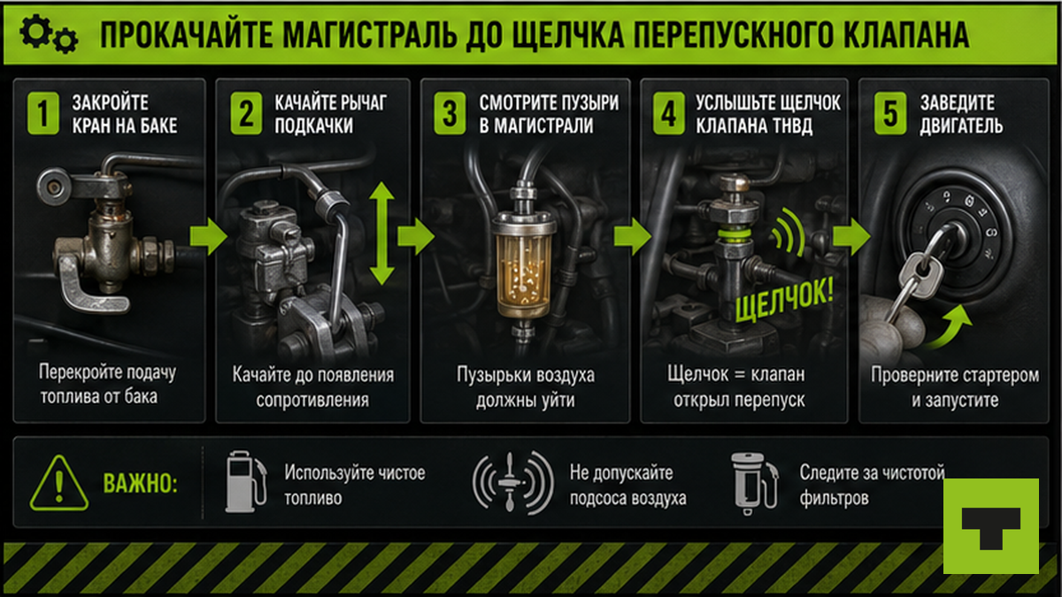 Схема прокачки топливной магистрали до щелчка перепускного клапана