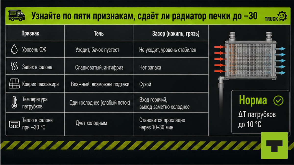 Таблица пяти признаков неисправности радиатора печки: течь против засора