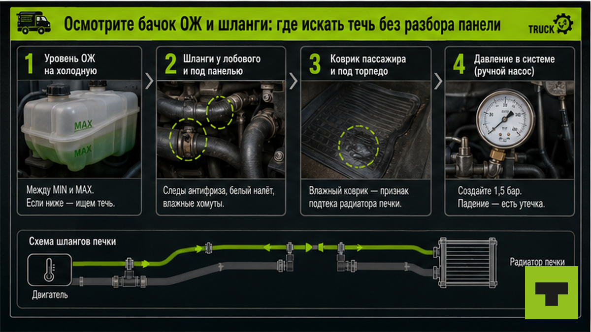 Схема осмотра бачка ОЖ и шлангов печки без разбора панели
