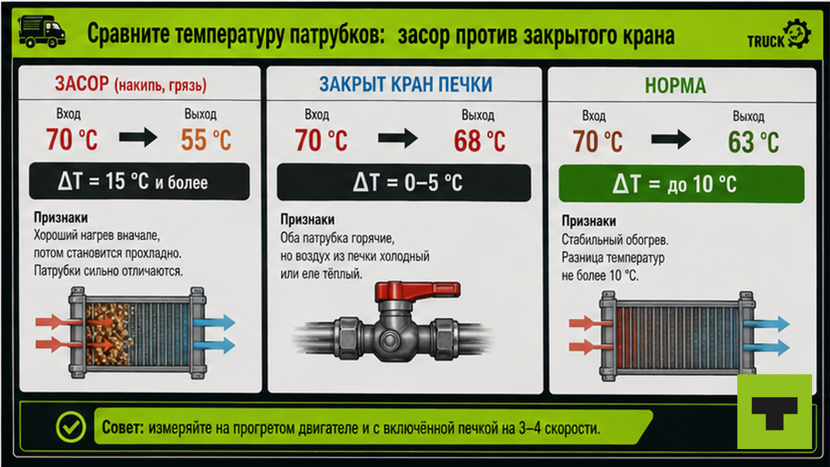 Чеклист сравнения температуры патрубков: засор vs кран