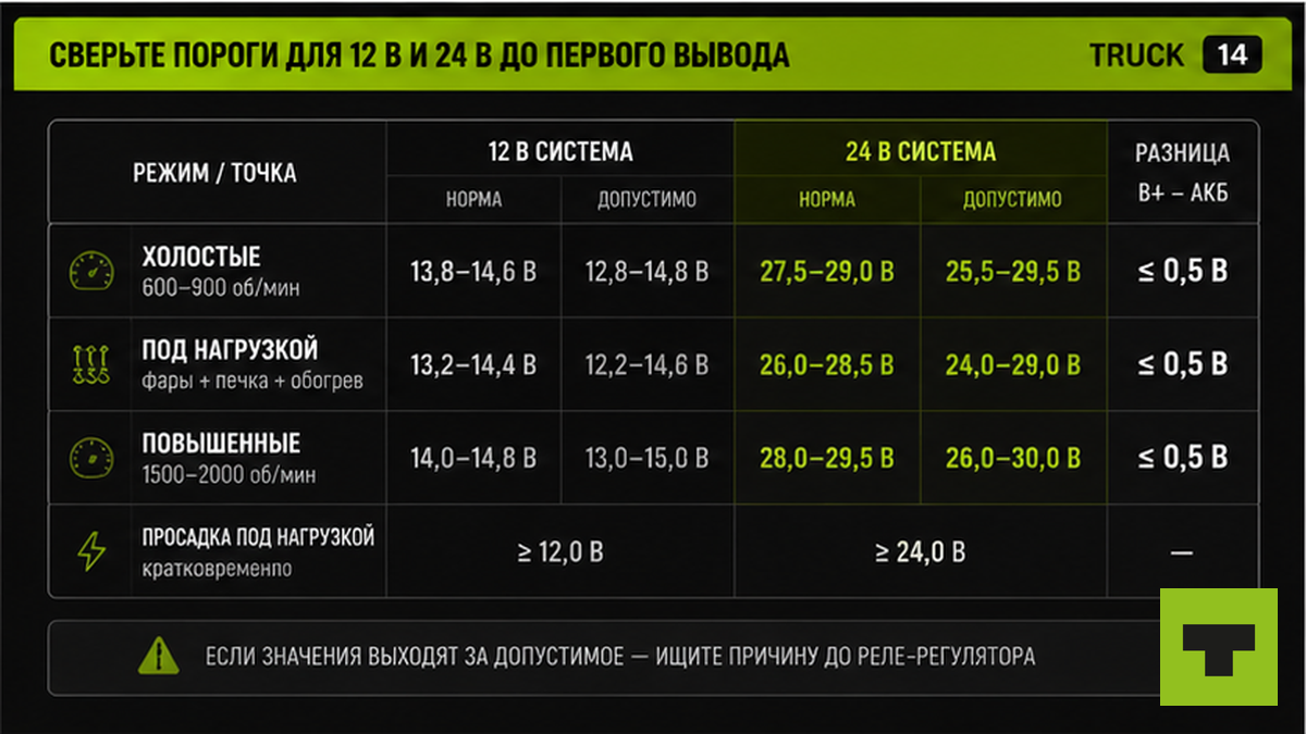 Таблица порогов напряжения 12 В и 24 В для проверки регулятора генератора