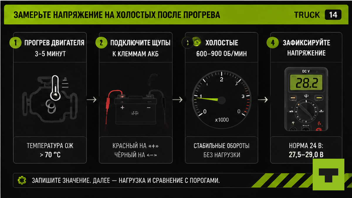 Схема замера напряжения на холостых после прогрева на клеммах АКБ