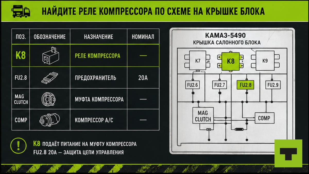 Таблица позиций K8 и FU2.8 на схеме крышки блока предохранителей грузовика
