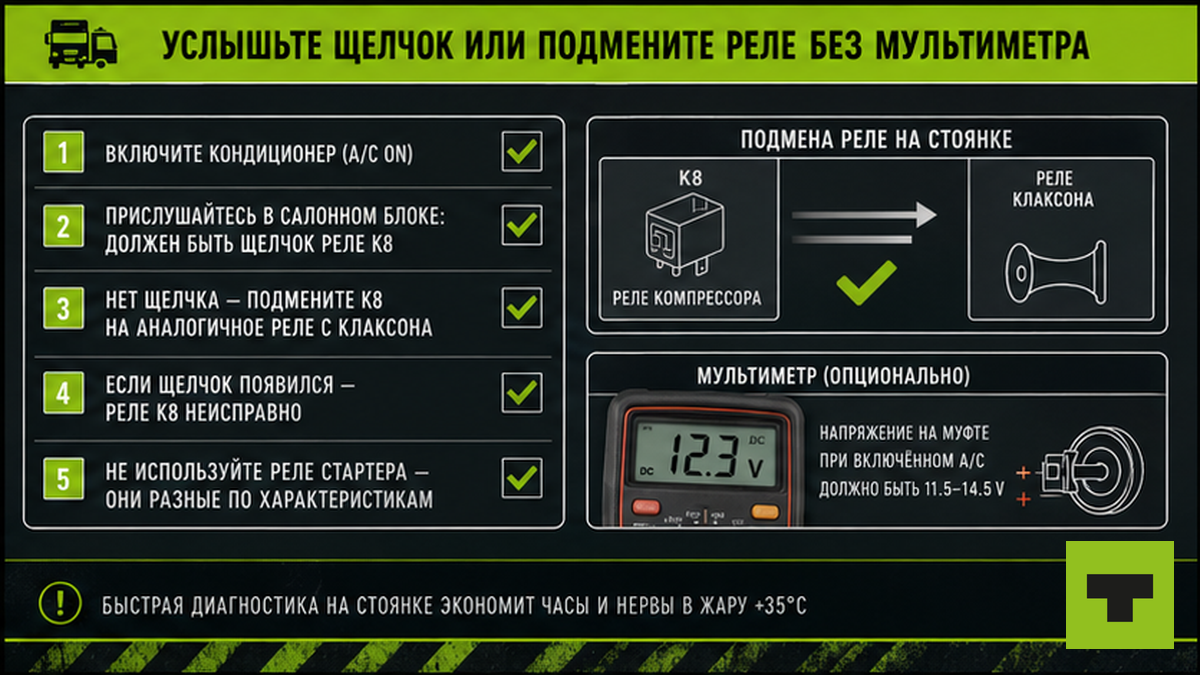 Чеклист: щелчок реле и подмена K8 без мультиметра на стоянке