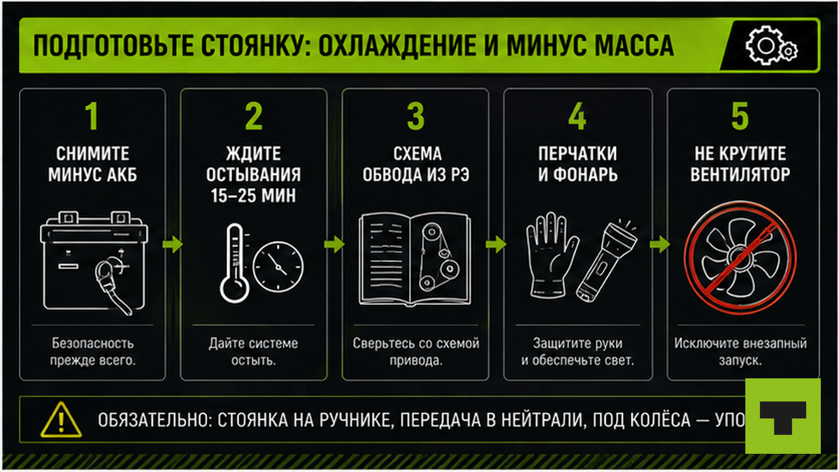 Схема подготовки стоянки: охлаждение мотора и безопасность перед осмотром ремня