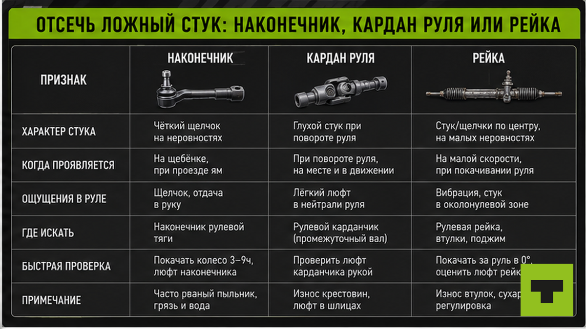 Таблица: как отличить стук наконечника от кардана руля и рейки