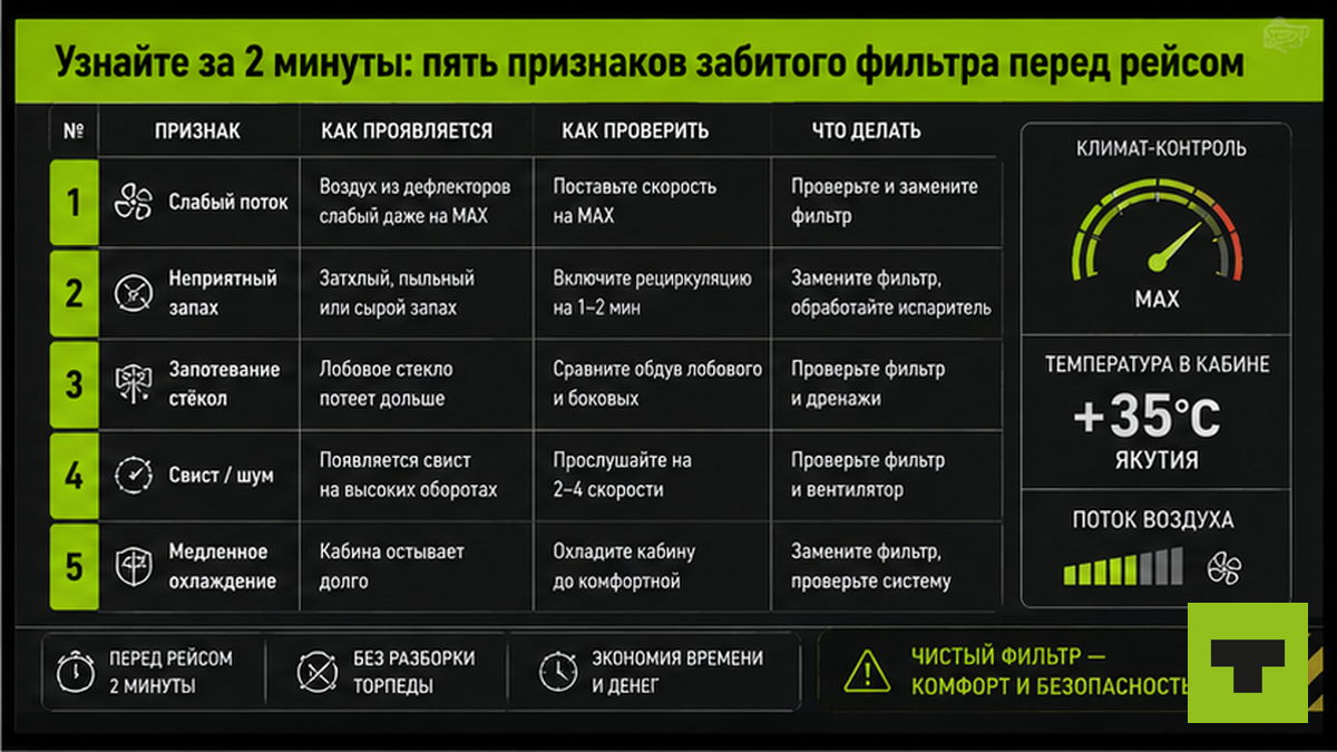 Таблица пяти признаков забитого салонного фильтра кондиционера грузовика