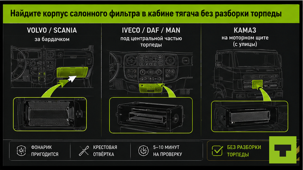Схема расположения салонного фильтра в кабине Volvo, Scania, Iveco и КамАЗ