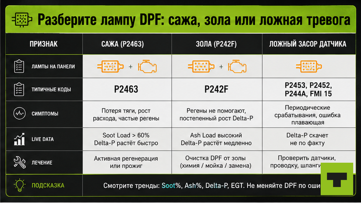 Таблица: сажа, зола или ложная тревога DPF — коды P2463, P242F и симптомы