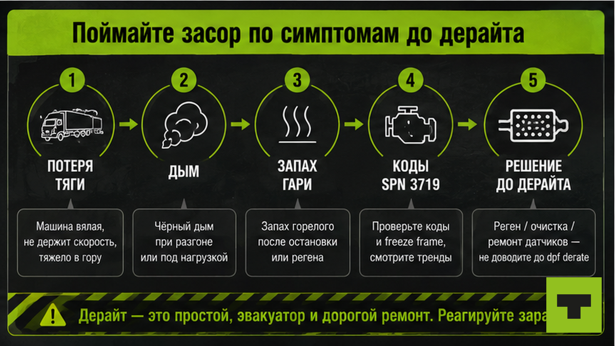 Workflow: симптомы засора DPF до дерайта — тяга, дым, коды, действия