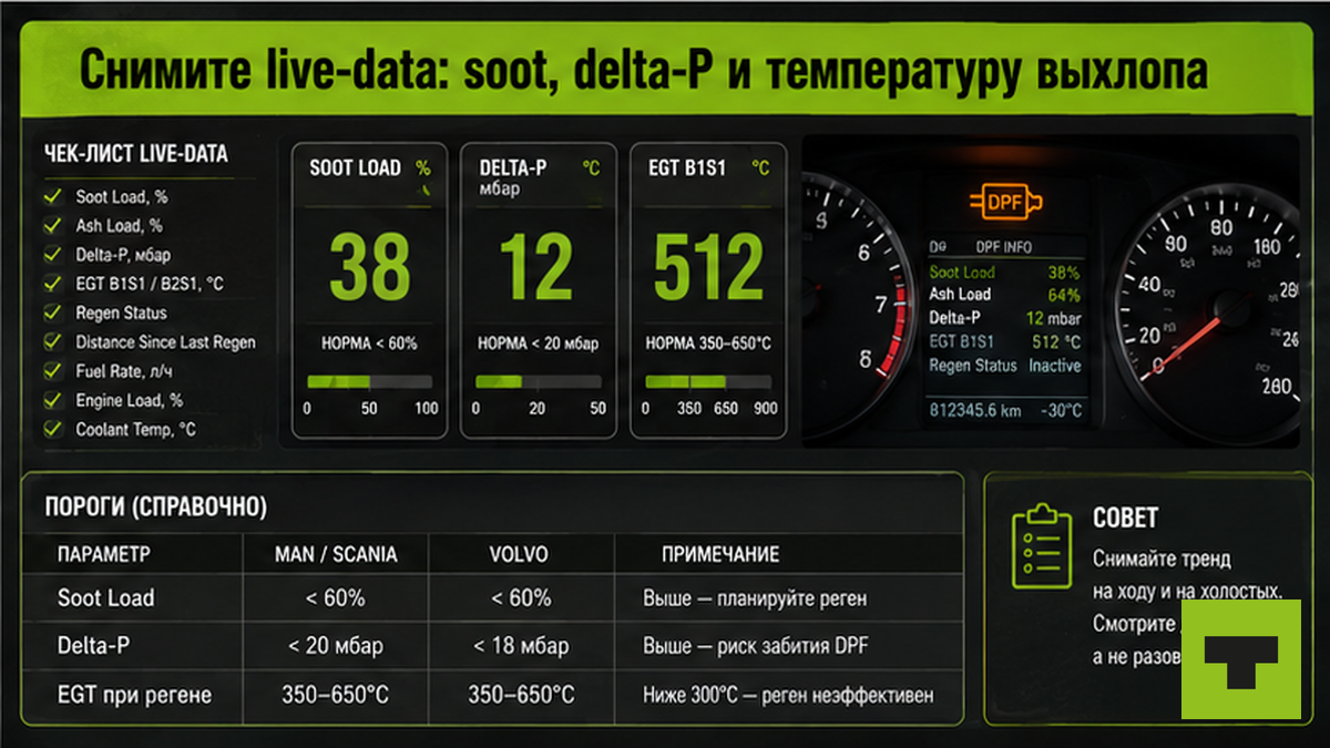 Чеклист live-data DPF: soot load, перепад давления delta-P, температура выхлопа EGT