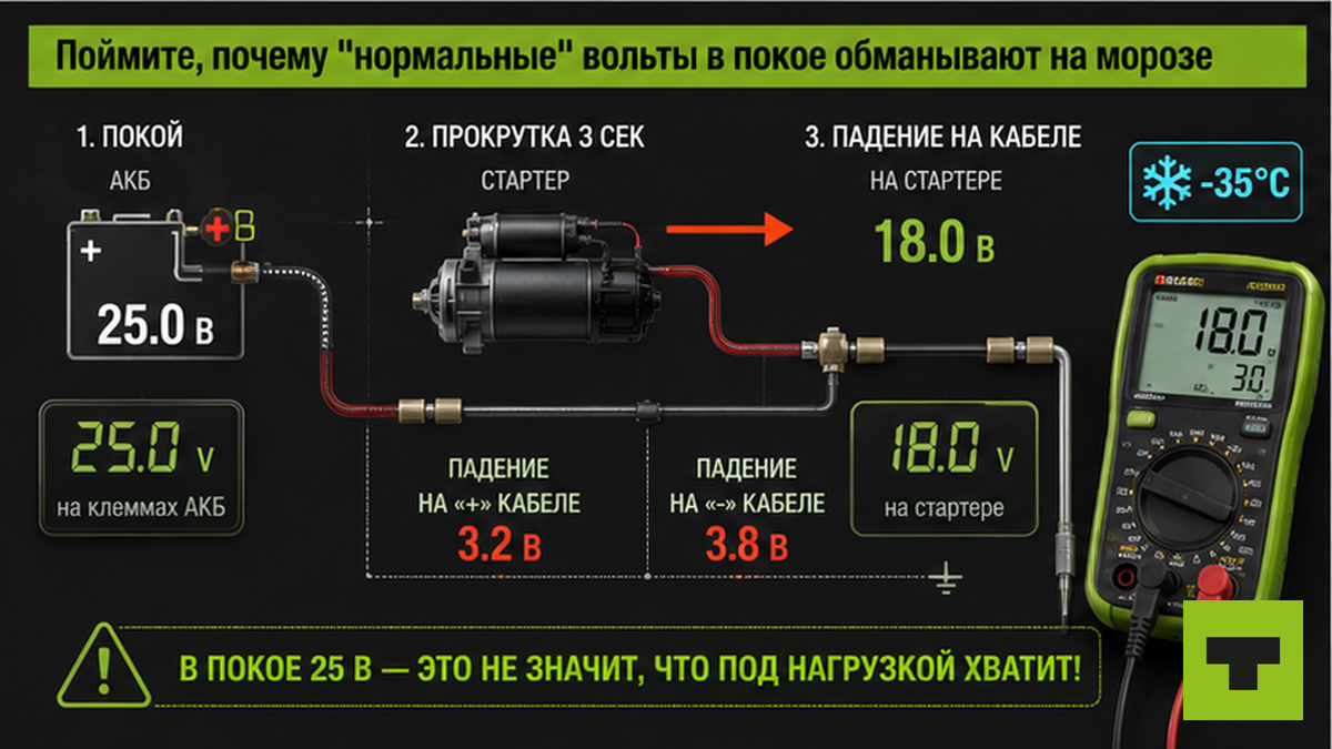 Схема: почему вольты в покое обманывают на морозе — падение под нагрузкой