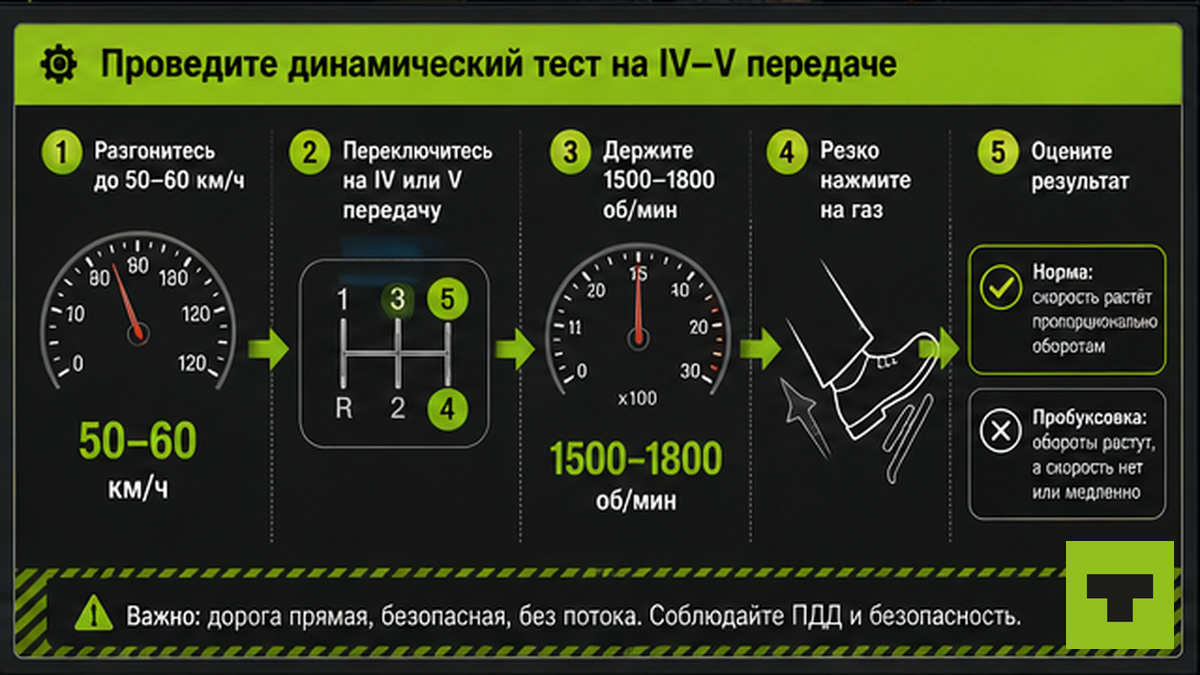 Схема динамического теста сцепления на IV–V передаче при 1500–1800 об/мин