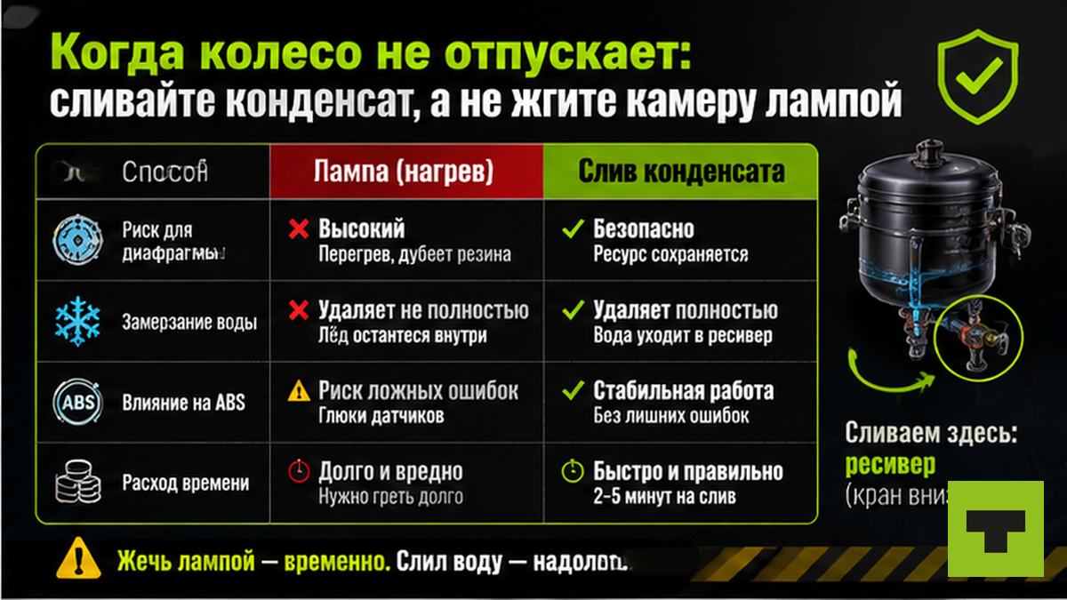 Таблица: почему нельзя греть тормозную камеру лампой зимой